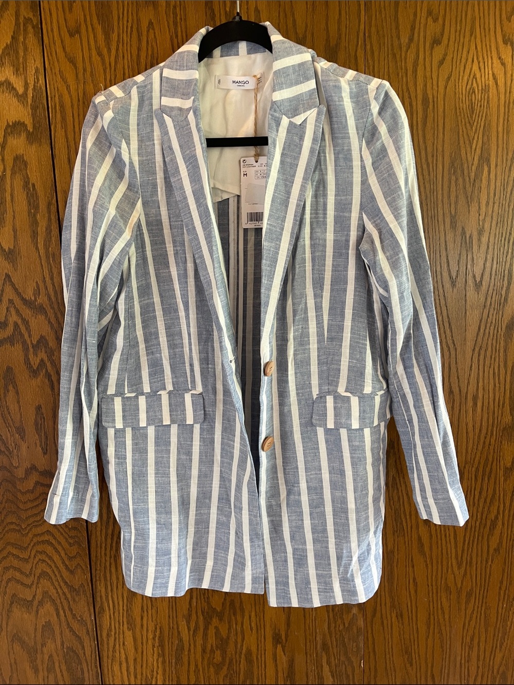Mango Blue and White Vertical-Stripe Linen-Blend Blazer